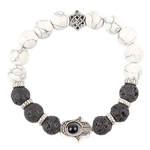 White Howlite & Lava Stone Hamsa Bracelet | Protection Crystal Bracelet | Unisex Healing Beaded Bracelet