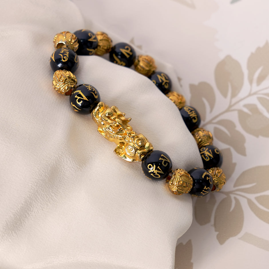 Om Mani Padme Hum Engraved Black Obsidian Pixiu Bracelet