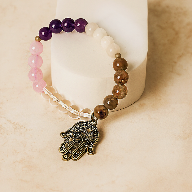 Natural Hamsa Protection Bracelet For Protection, Love, Peace, Harmony &   Intuition | 8mm Natural Moonstone, Labradorite, Sphatik , Amethyst & Rose   Quartz Beads | Unisex Bracelet