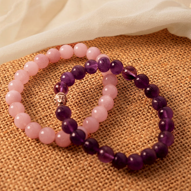 LOVE AND HEALTH COMBO - Natural Rose Quartz & Amethyst Bracelets – Healing, Love & Spiritual Energy Jewelryartz and Amethyst Crystal Bead Bracelet Set - Spiritual Healing Jewelry with Silver Buddha Charm - Calming Gemstone Energy Bracelets for Men & Women