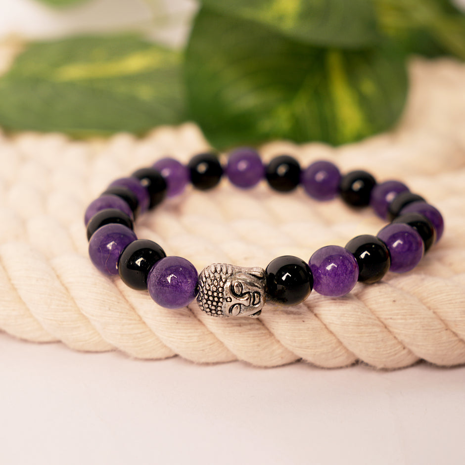 Guardian Shield Bracelet | Natural Amethyst & Black Obsidian Bracelet with Buddha Charm for Calmness, Protection & Meditation