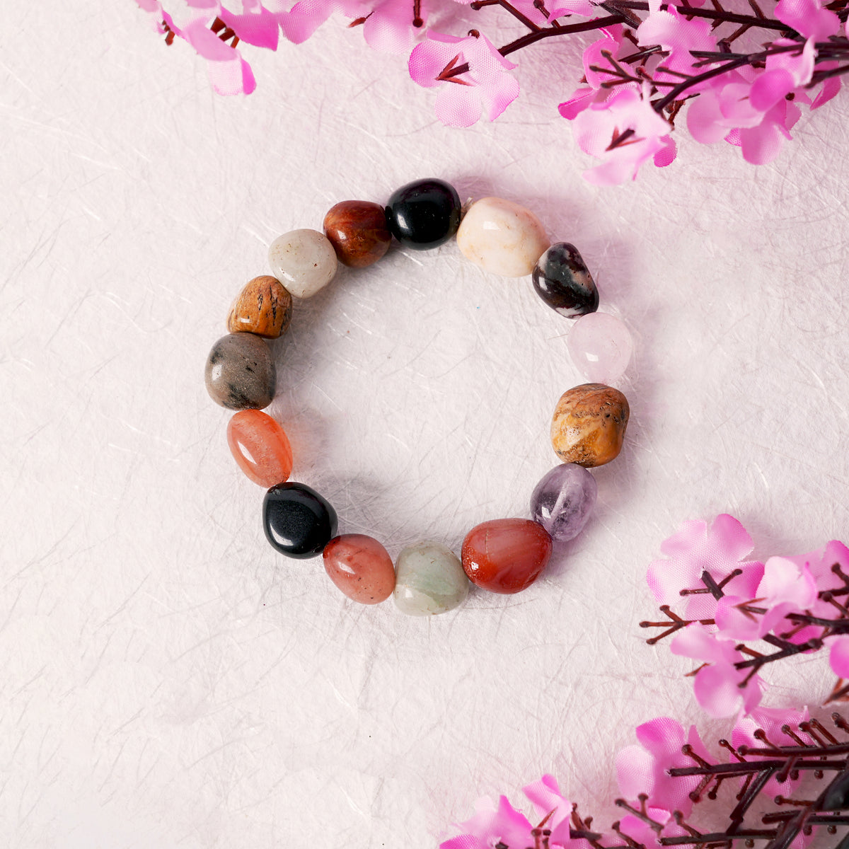 Chakra Luck & Prosperity Tumble Stone Bracelet Natural Stones: Amethyst • Rose Quartz • Carnelian • Green Aventurine • Black Obsidian • Howlite • Yellow Calcite • Labradorite • Jasper • Sunstone