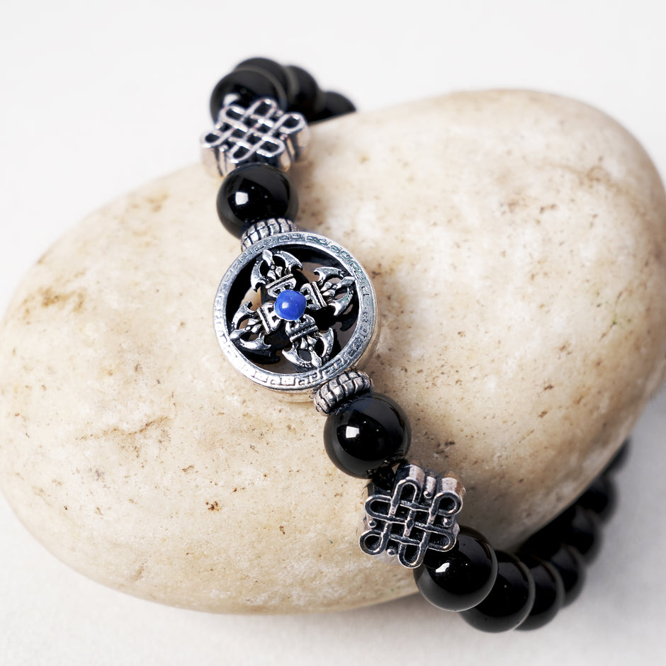Black Agate Beaded Bracelet with Vajra  – Protection & Energy Jewelry for Men & Women