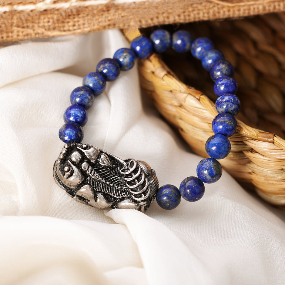 Lapis Lazuli Beaded Bracelet with Carved Feng Shui Silver Charm – Spiritual Healing & Energy Bracelet for Men & Women