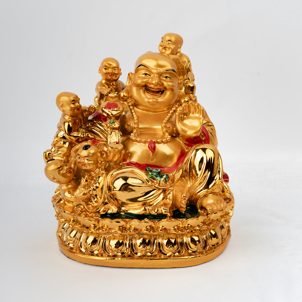 Golden Laughing Buddha with five children Idol for Wealth and Prosperity (BIG SIZE) | Feng Shui Happiness and Family Blessings Lucky Buddha Statue | Home & Office Decor