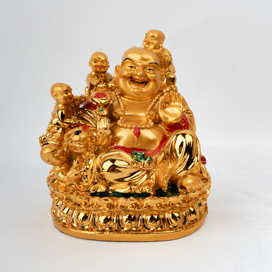 Golden Laughing Buddha with five children Idol for Wealth and Prosperity (BIG SIZE) | Feng Shui Happiness and Family Blessings Lucky Buddha Statue | Home & Office Decor