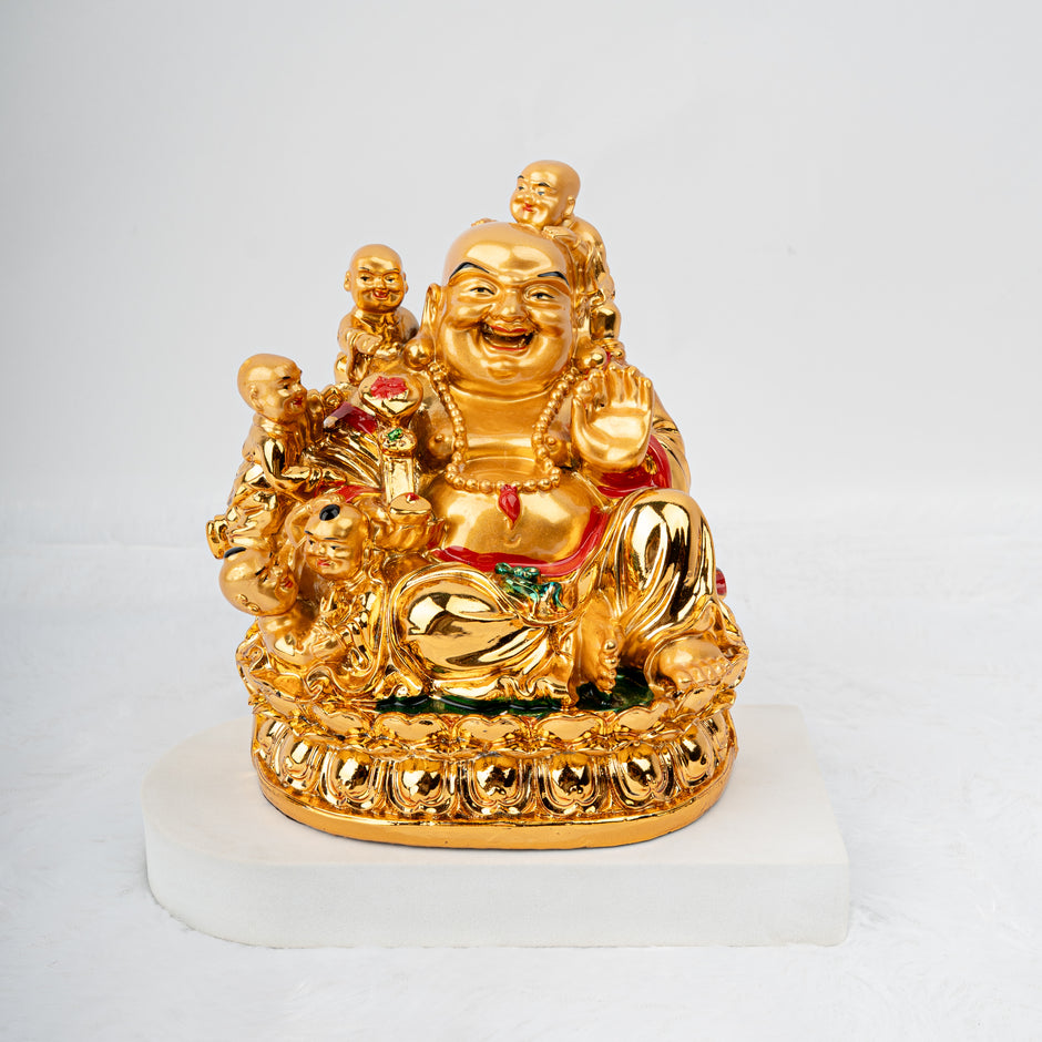 Golden Laughing Buddha with five children Idol for Wealth and Prosperity (BIG SIZE) | Feng Shui Happiness and Family Blessings Lucky Buddha Statue | Home & Office Decor