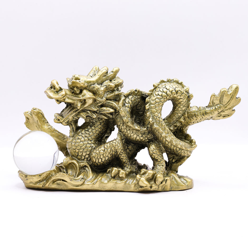 Golden Dragon with Crystal Ball Idol | Feng Shui Wealth & Protection Statue | Lucky Home & Office Decor