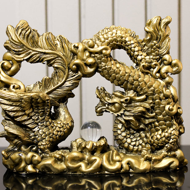 Golden Feng Shui Dragon & Phoenix Statue | Symbol of Harmony, Success & Prosperity for Home Decor