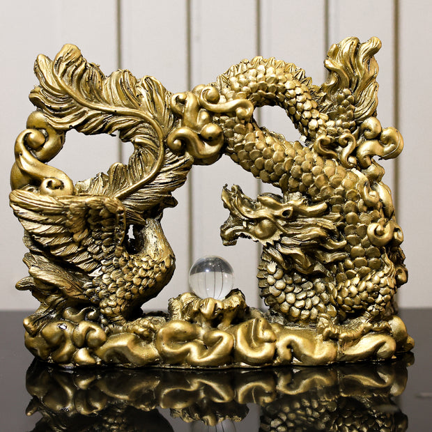 Golden Feng Shui Dragon & Phoenix Statue | Symbol of Harmony, Success & Prosperity for Home Decor