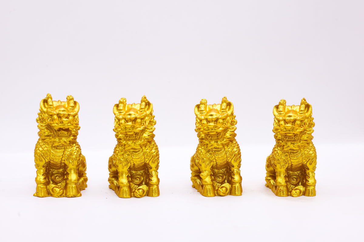 Golden Feng Shui Pi Xiu Dragon Guardian Statue Set of 4 | Lucky Wealth Protection Showpiece for Home & Office