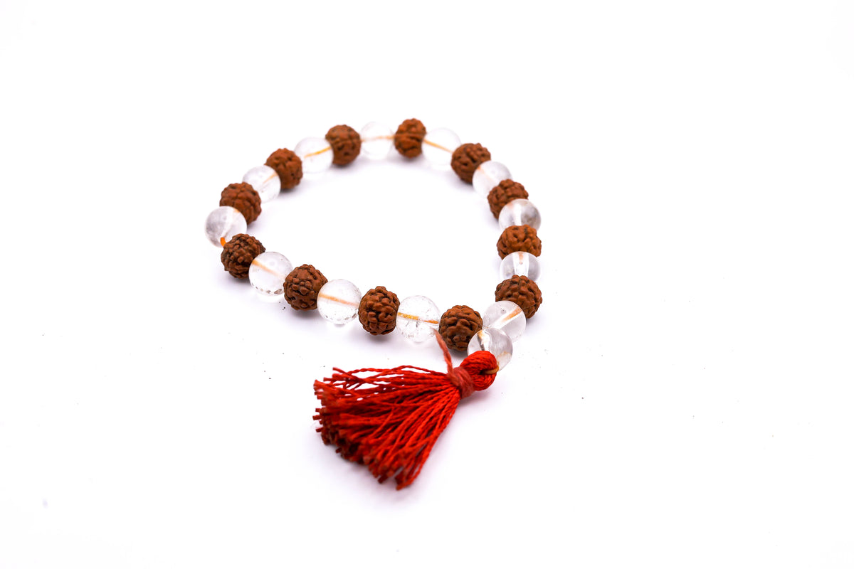 Rudraksha Clear Quartz Bracelet with Red Tassel – Bracelet for Peace, Positivity & Protection