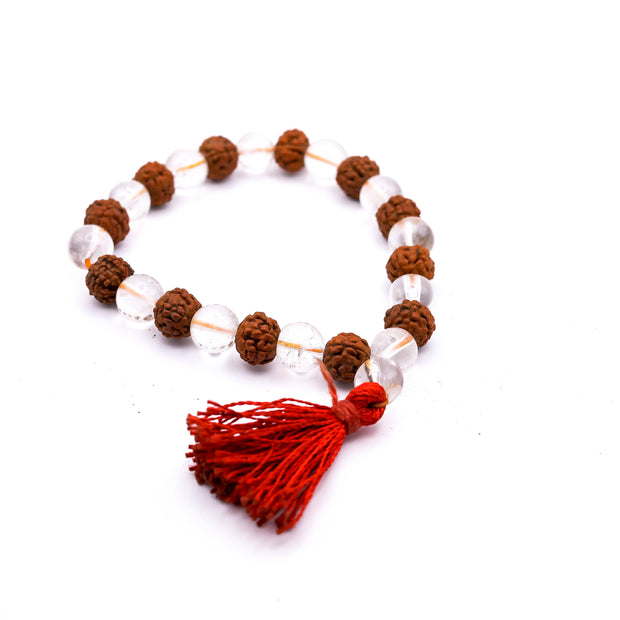 Rudraksha Clear Quartz Bracelet with Red Tassel – Bracelet for Peace, Positivity & Protection