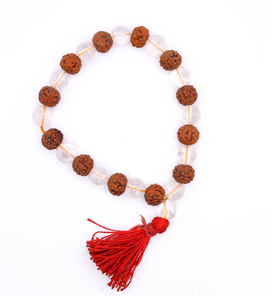Rudraksha Clear Quartz Bracelet with Red Tassel – Bracelet for Peace, Positivity & Protection