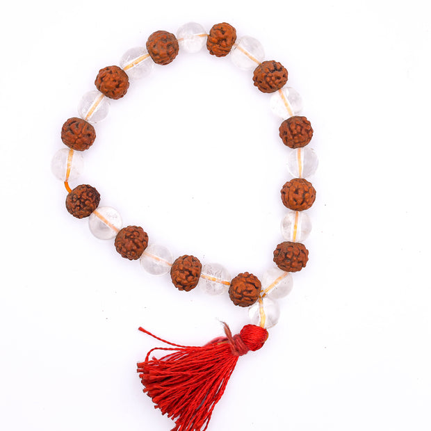 Rudraksha Clear Quartz Bracelet with Red Tassel – Bracelet for Peace, Positivity & Protection