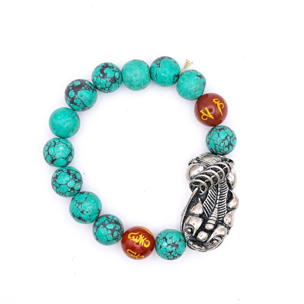 Natural Firoza Turquoise & Carnelian Tibetan Dragon Bracelet for Men & Women | Spiritual Stone Bracelet for Strength, Protection, Positivity & Good Fortune