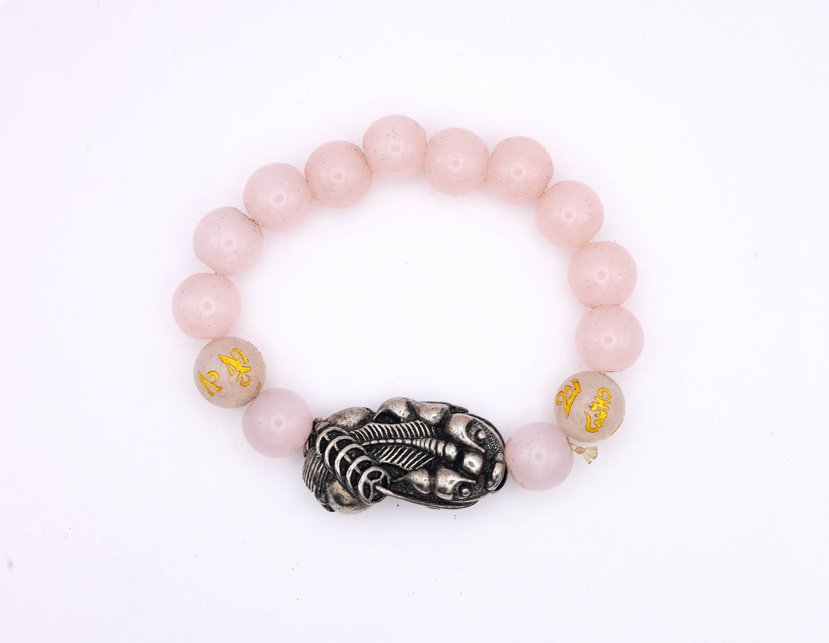 Rose Natural Rose Quartz Dragon Bracelet with Om Mani Padme Hum Beads – Love, Protection & Spiritual Energy