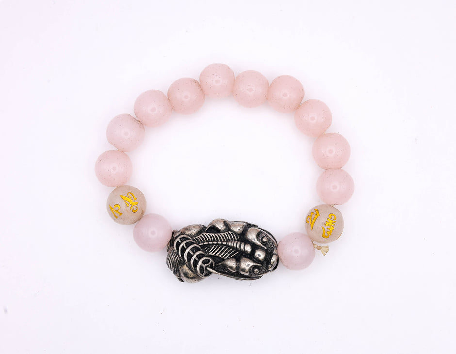 Rose Natural Rose Quartz Dragon Bracelet with Om Mani Padme Hum Beads – Love, Protection & Spiritual Energy