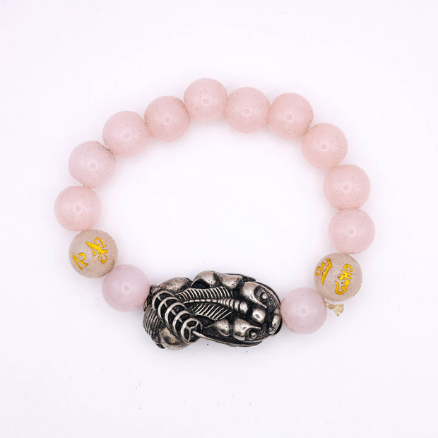 Rose Natural Rose Quartz Dragon Bracelet with Om Mani Padme Hum Beads – Love, Protection & Spiritual Energy