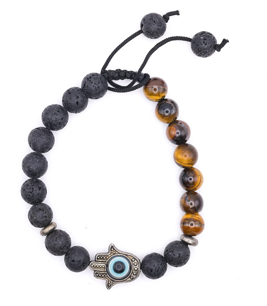 Black Lava Stone & Tiger Eye Bracelet – Hamsa Hand Protection & Energy Jewelry