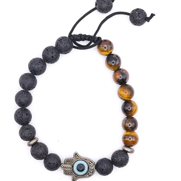Black Lava Stone & Tiger Eye Bracelet – Hamsa Hand Protection & Energy Jewelry