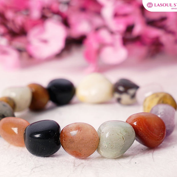 Chakra Luck & Prosperity Tumble Stone Bracelet Natural Stones: Amethyst • Rose Quartz • Carnelian • Green Aventurine • Black Obsidian • Howlite • Yellow Calcite • Labradorite • Jasper • Sunstone