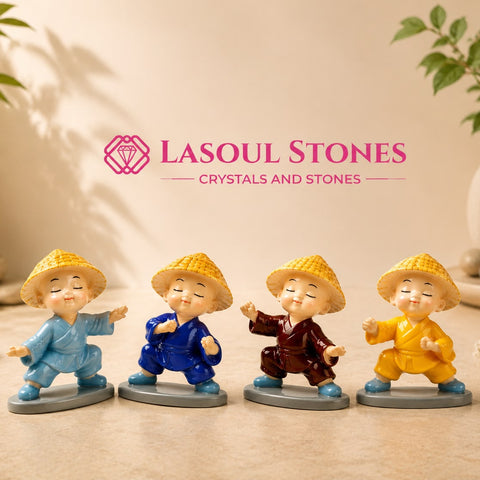 Dancing Mini Monk Figurines Set – 4 Colorful Happy Buddha Monks for Home, Office & Desk Décor