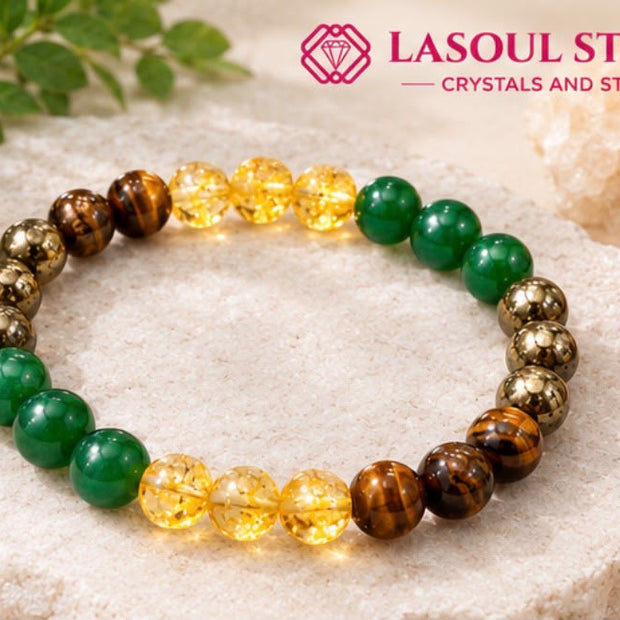 Natural Money Magnet Bracelet - Wealth, Prosperity & Success Crystal Jewelry - Green Aventurine, Golden Pyrite, Tiger’s Eye & Citrine Beaded Stretch Bracelet