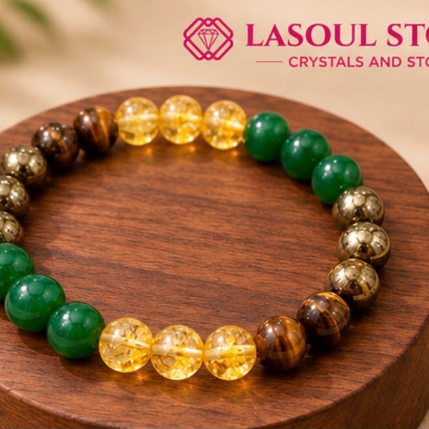 Natural Money Magnet Bracelet - Wealth, Prosperity & Success Crystal Jewelry - Green Aventurine, Golden Pyrite, Tiger’s Eye & Citrine Beaded Stretch Bracelet