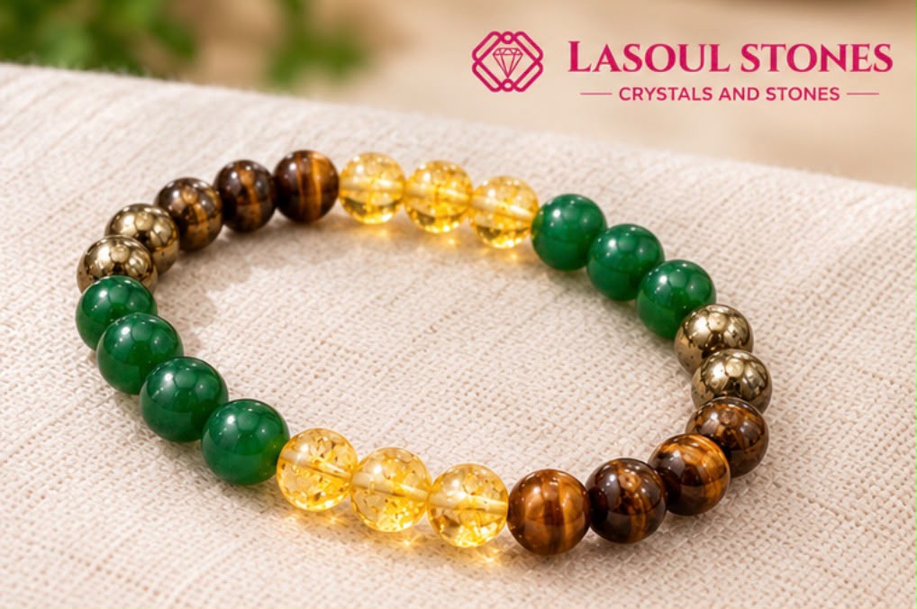 Natural Money Magnet Bracelet - Wealth, Prosperity & Success Crystal Jewelry - Green Aventurine, Golden Pyrite, Tiger’s Eye & Citrine Beaded Stretch Bracelet