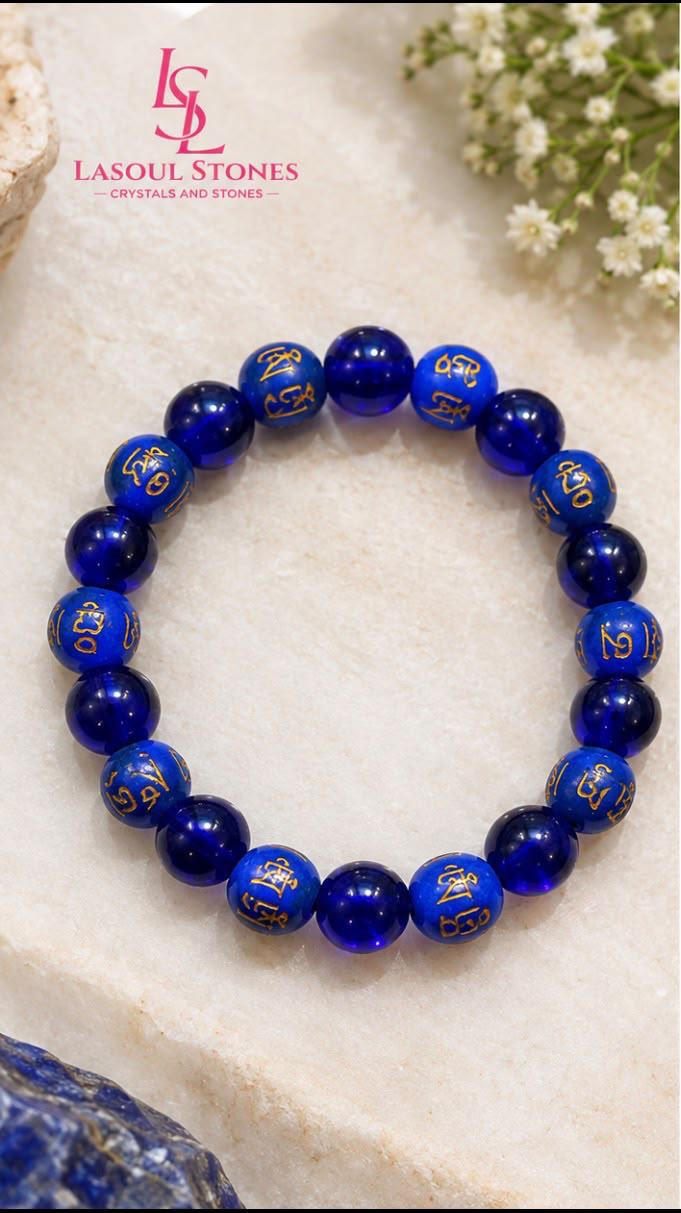 Lapis Lazuli Om Mani Padme Hum Bracelet for Peace, Wisdom, Clarity and Spiritual Protection