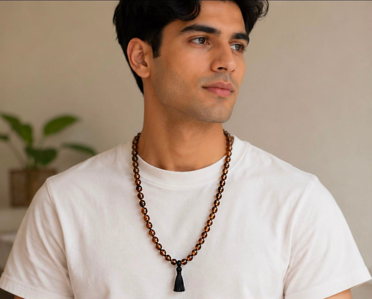Natural Smoky Quartz Mala 8mm – Grounding, Protection & Inner Peace | Meditation Mala for Calm Mind, Focus & Positive Energy