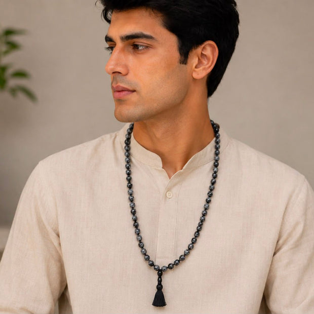Snowflake Obsidian Mala Necklace (8mm)– Handmade Meditation & Spiritual Beads for Protection