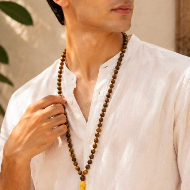Tiger Eye Mala Necklace (8mm)–  Meditation Beads for Confidence, Protection & Positive Energy
